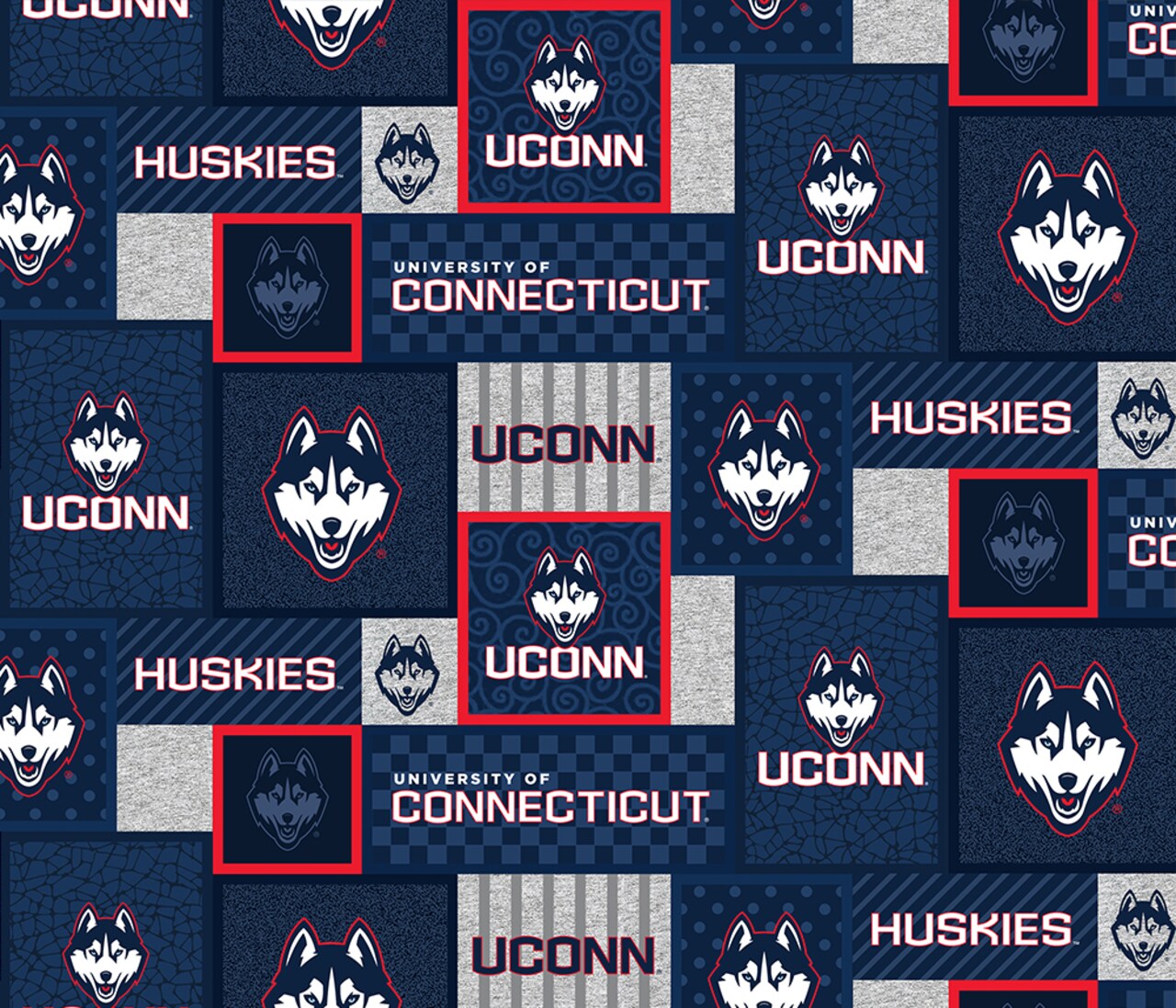 Sykel Enterprises-University of Connecticut Fleece Fabric-UCONN Huskies College Patch Fleece Blanket Fabric-Sold by the yard
